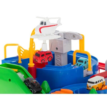 Tor przeszkód interaktywny samochodowy wyścigi parking 4 pojazdy auto autobus radiowóz wóz strażacki helikopter 24x24cm XL