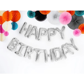 Balon foliowy dekoracja urodzinowa Happy Birthday srebrna 340cm x 35cm